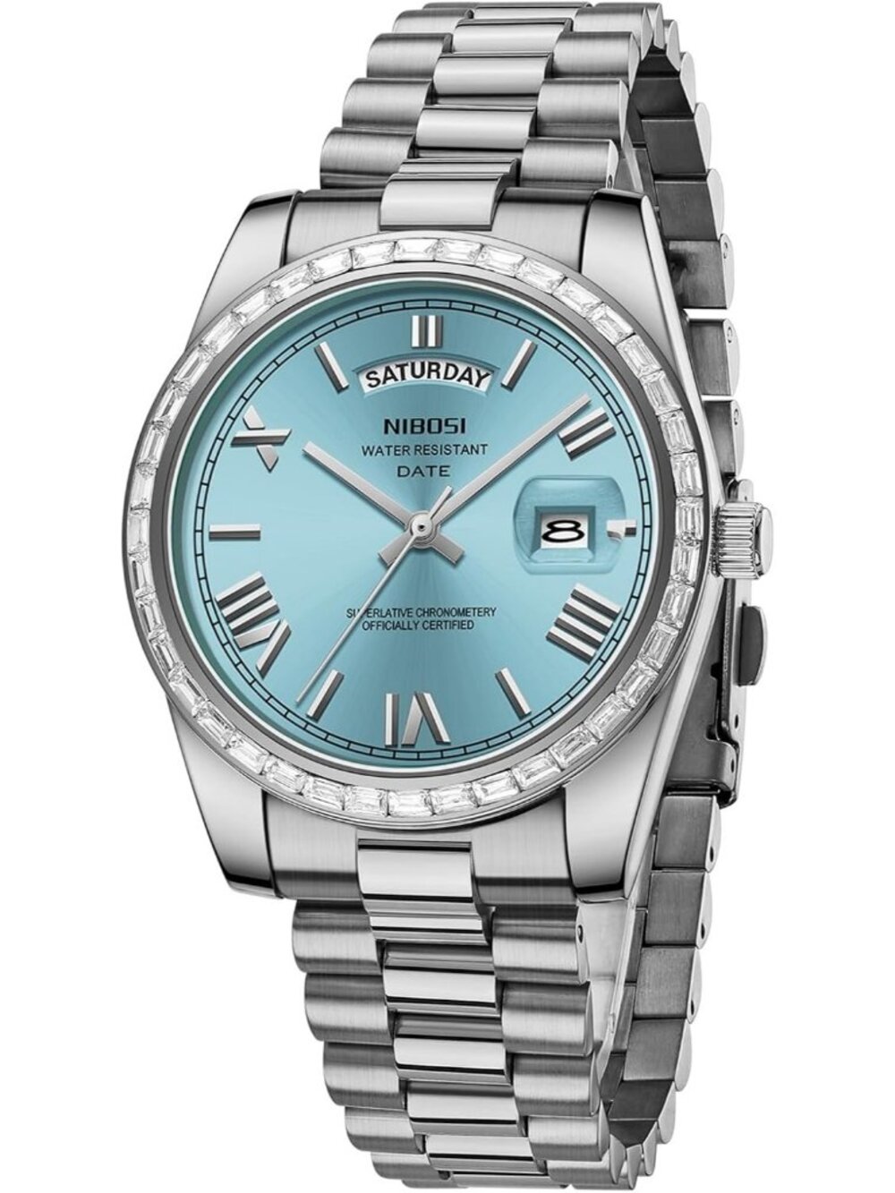 Nibosi Men's Silver Light Blue Analog Quartz Diamond Stainless Waterproof Watch